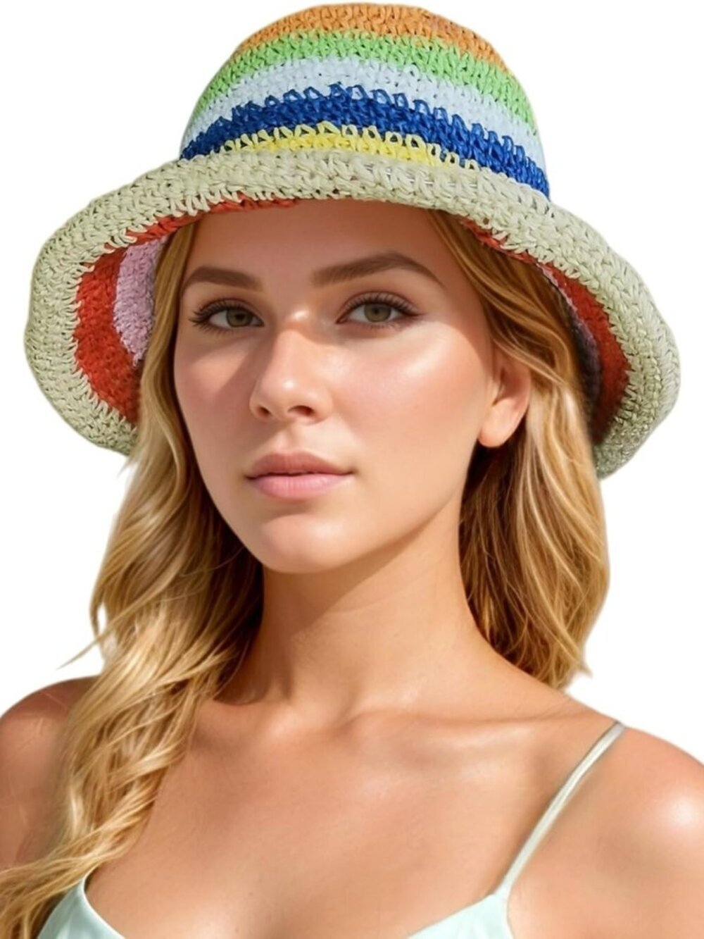 Women Foldable Summer Wide Brim Packable Hat Travel Straw Fedora Hat Rainbow-1